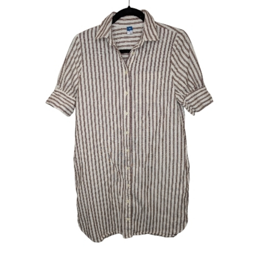 Old Navy Women’s XS Brown & Cream Linen-Blend Striped Button-Down Shirt Dress